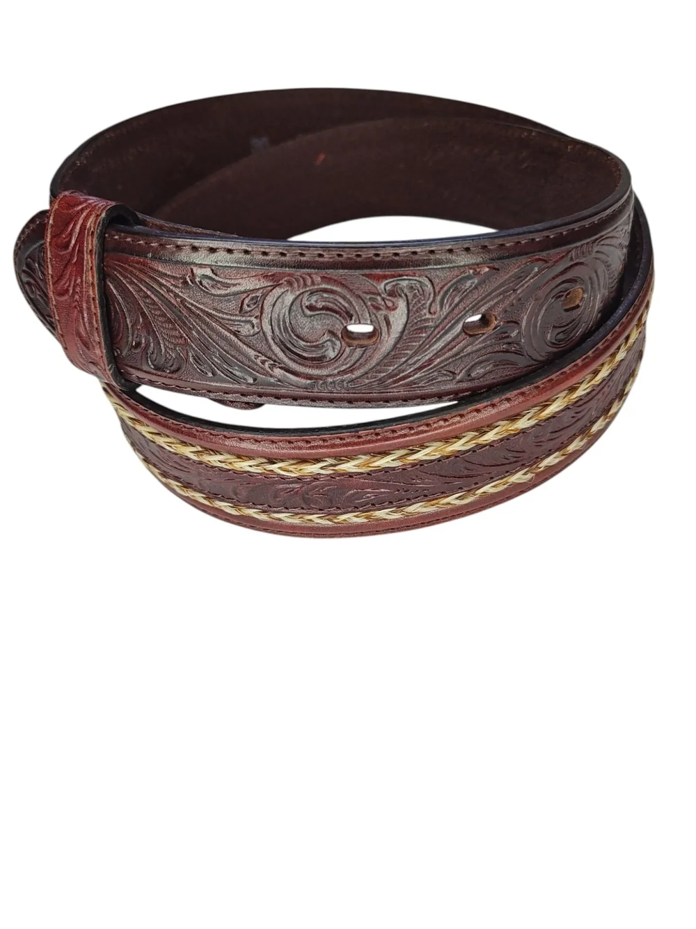 Justin Men's Western Tooled Brown Leather & Braided Horsehair Belt - Size 36